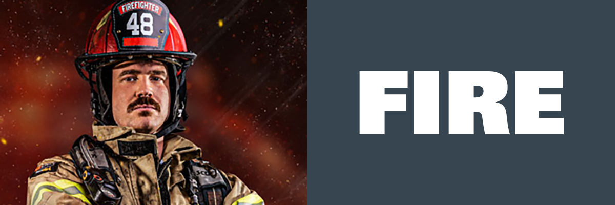 Firefighter in full turnout gear with helmet, representing HAIX fire boots category on a red orange background